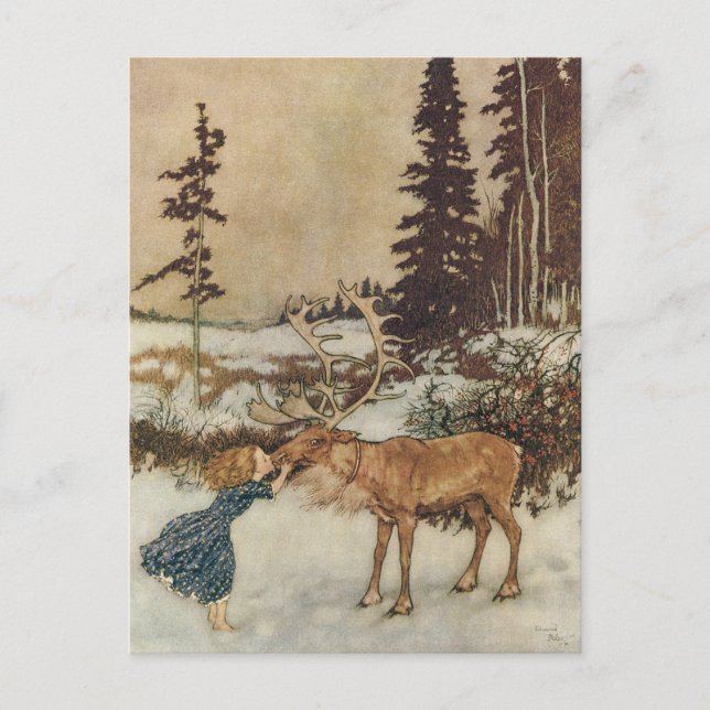 Carte Postale Gerda vintage et le renne par Edmund Dulac (Devant)