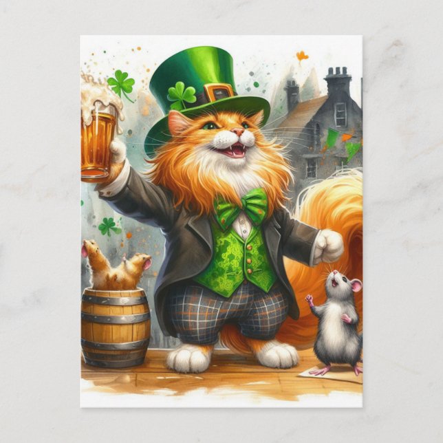 Carte Postale Ginger Cat et une souris avec la bière St Pats (Devant)