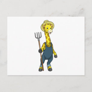 Carte Postale Girafe en agriculteur avec fourche
