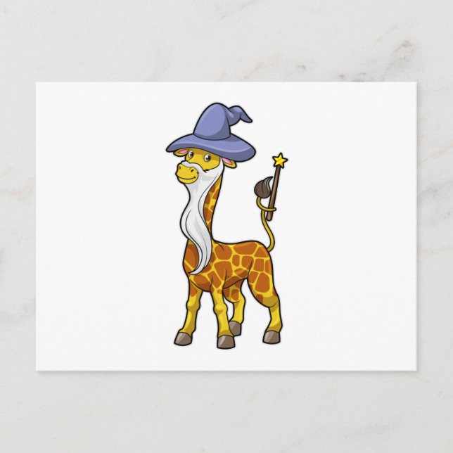 Carte Postale Girafe en Magicien avec baguette magique et chapea (Devant)