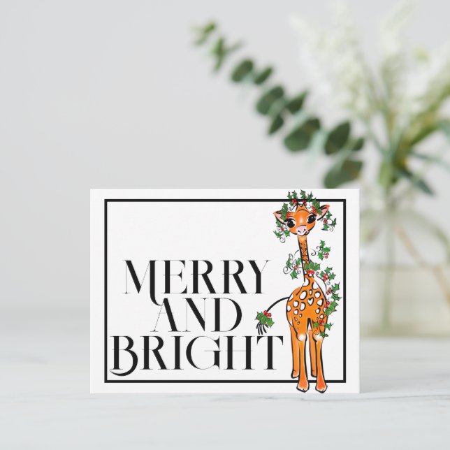Carte Postale Girafe festive de fêtes | guirlande rouge verte (Debout devant)