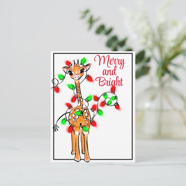 Carte Postale Girafe festive de vacances | lumières de Noël roug (Debout devant)