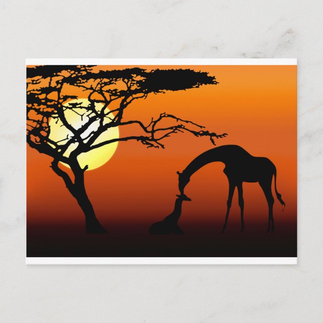 Carte Postale Girafe Mère et bébé au coucher du soleil africain (Devant)