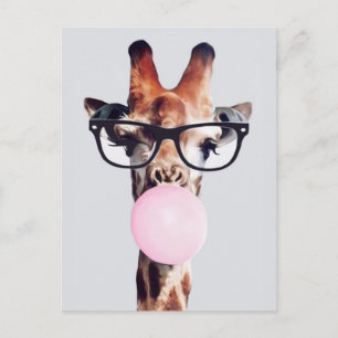 Carte Postale Girafe portant des lunettes soufflant un bubble gu