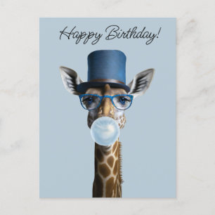 Carte Postale Girafe portant lunettes, chapeau supérieur et gomm