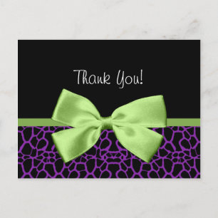 Carte Postale Girafe violette Merci tendance au ruban vert
