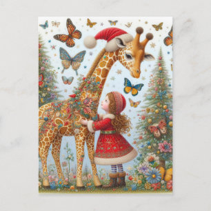 Carte Postale Giraffe et enfant Père Noël magnifique