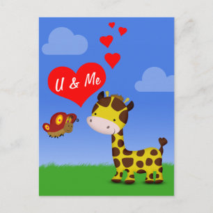 Carte Postale Giraffe et papillon en amour