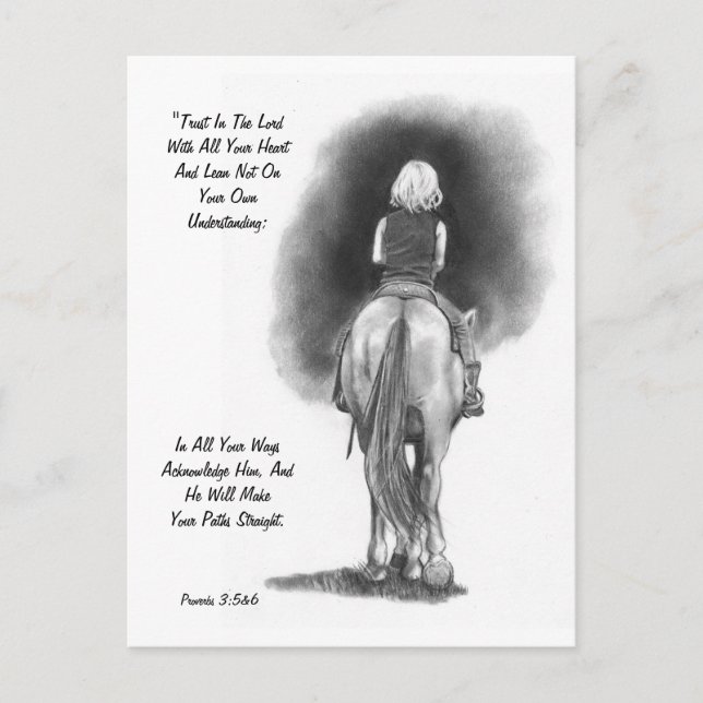 Carte Postale Girl On Horse, Crayon Art : Verset biblique : Prov (Devant)