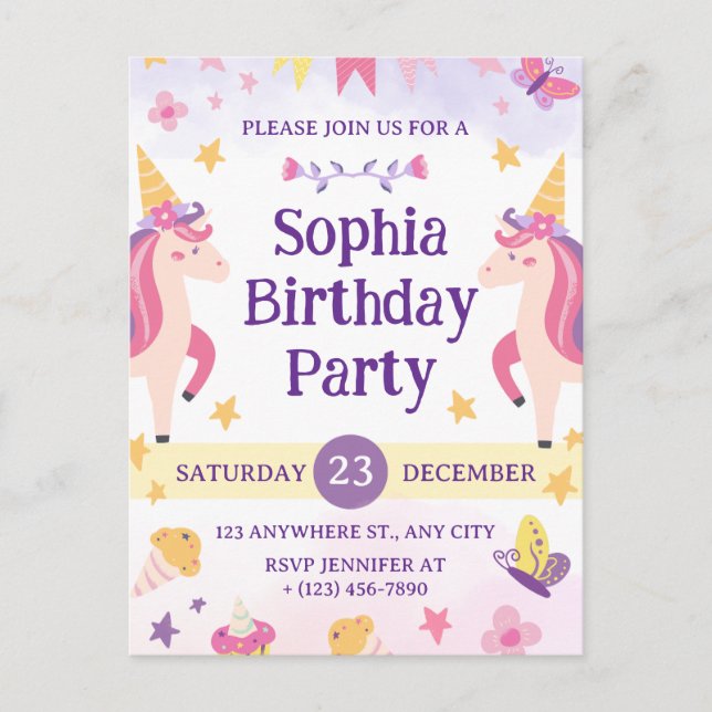 Carte Postale Girls Cute Purple Unicorn Kids 1th Birthday (Devant)