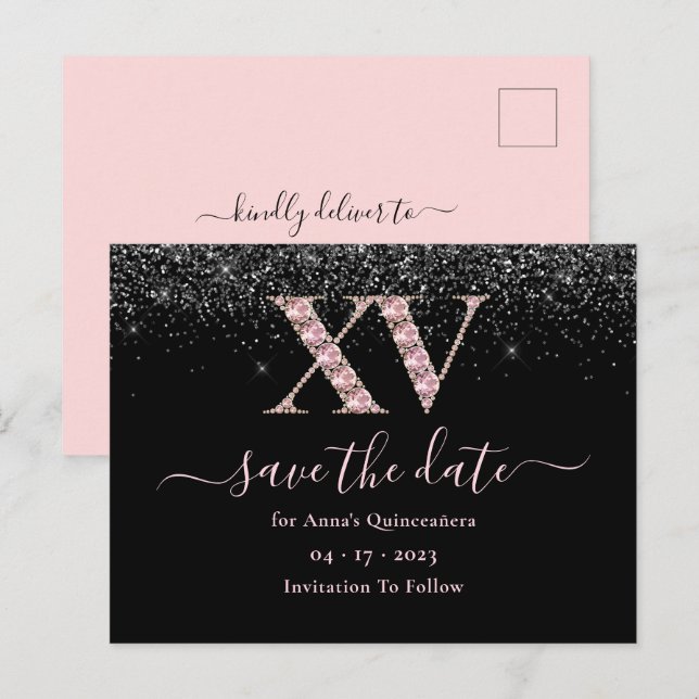 Carte Postale Glam Black And Rose Quinceanera Enregistrer La Dat (Devant / Derrière)