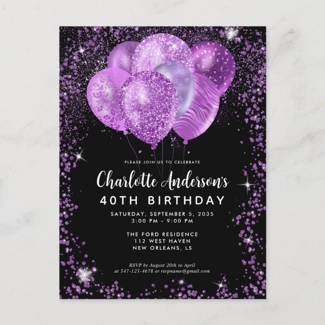 Carte Postale Glam Black Violet Violet Parties scintillant Ballo (Devant)