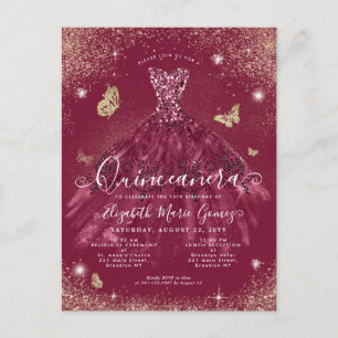 Carte Postale Glam Burgundy Red Gold Parties scintillant Gown Qu