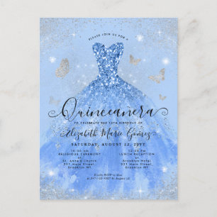 Carte Postale Glam Dusty Blue Silver Parties scintillant Gown Qu