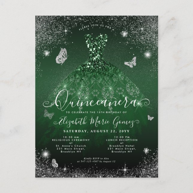 Carte Postale Glam Emerald Green Parties scintillant Argent Gown (Devant)