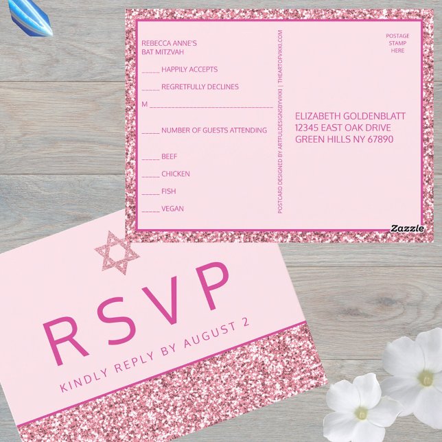 Carte Postale Glam Pink Simple Moderne Bat mitzvah RSVP (RSVP postcards are a smart option for your Bat Mitzvah celebration)