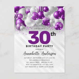 Carte Postale Glam Purple Silver Balloon Parties scintillant 30e