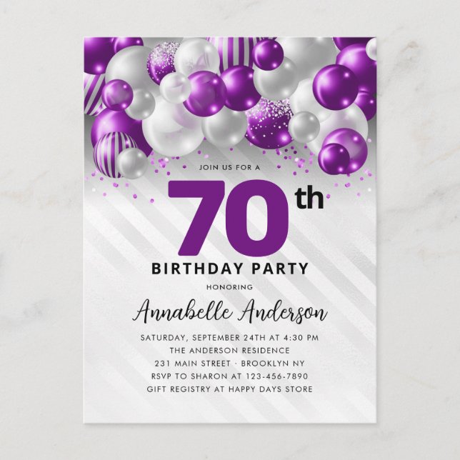 Carte Postale Glam Purple Silver Balloon Parties scintillant 70e (Devant)