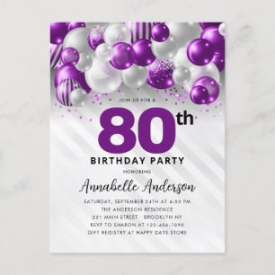 Carte Postale Glam Purple Silver Balloon Parties scintillant 80e