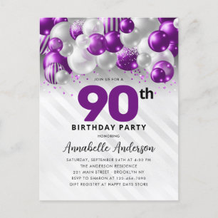Carte Postale Glam Purple Silver Balloon Parties scintillant 90e