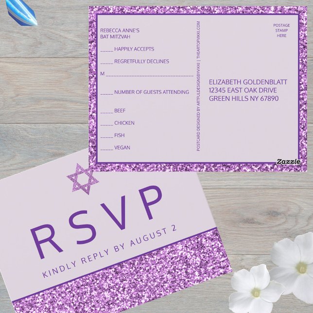 Carte Postale Glam Purple Simple Moderne Bat mitzvah RSVP (What could be easier than these purple glam Bat Mitzvah RSVP postcards)