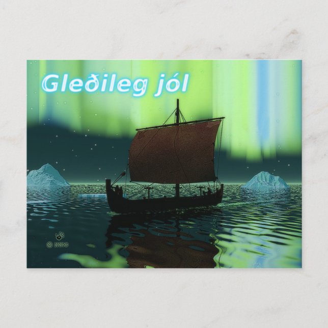 Carte Postale Gleðileg Jól - Viking Ship Et Northern Lights (Devant)