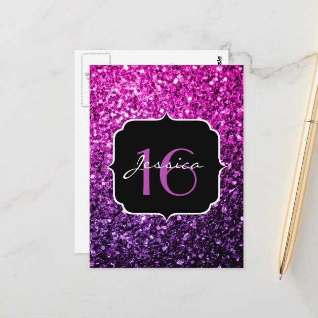 Carte Postale Glitter ombré rose violet Sweet 16 (Devant/Arrière en situation)