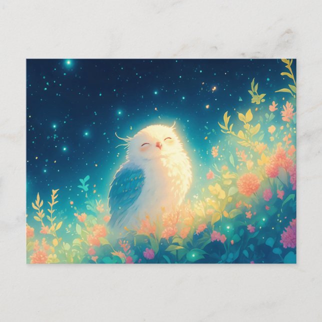 Carte Postale Glowy White Owl in Starry Night Meadow (Devant)