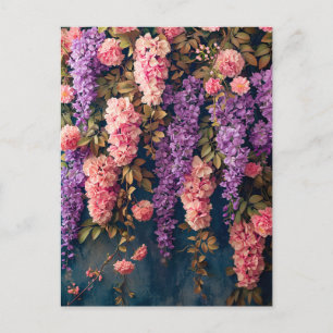 Carte Postale Glycines et roses roses en fleurs