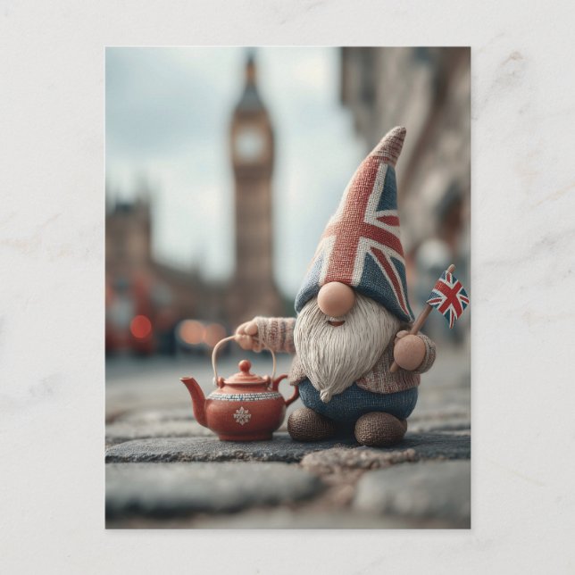 Carte Postale Gnome britannique avec Casquette Union Jack et thé (Devant)