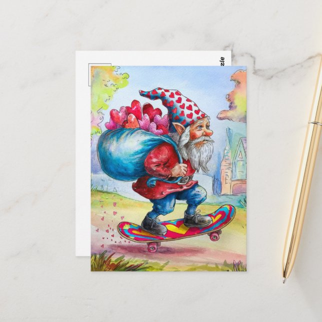 Carte Postale Gnome de la Saint-Valentin adorable (Devant/Arrière en situation)