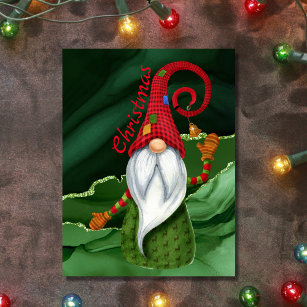 Carte Postale Gnome de Noël Rouge et Vert Gemstone Rustique Glam