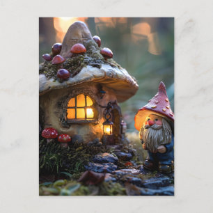 Carte Postale Gnome et maison champignon, conception fantastique