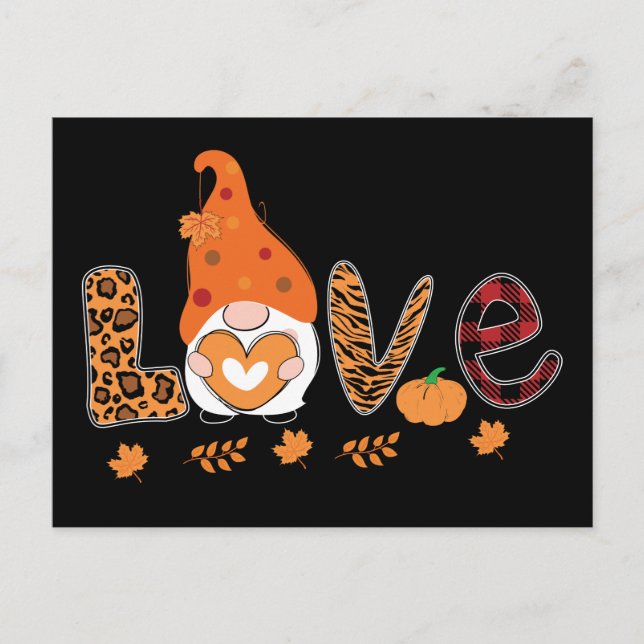 Carte Postale Gnome Love Feuilles Citrouilles Thanksgiving (Devant)