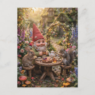 Carte Postale Gnome prenant le thé avec un lapin et un écureuil