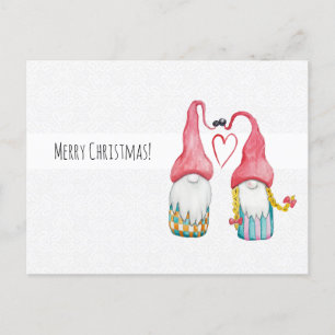 Carte Postale Gnomes de Noël en amour Aquarelle peinte à la main