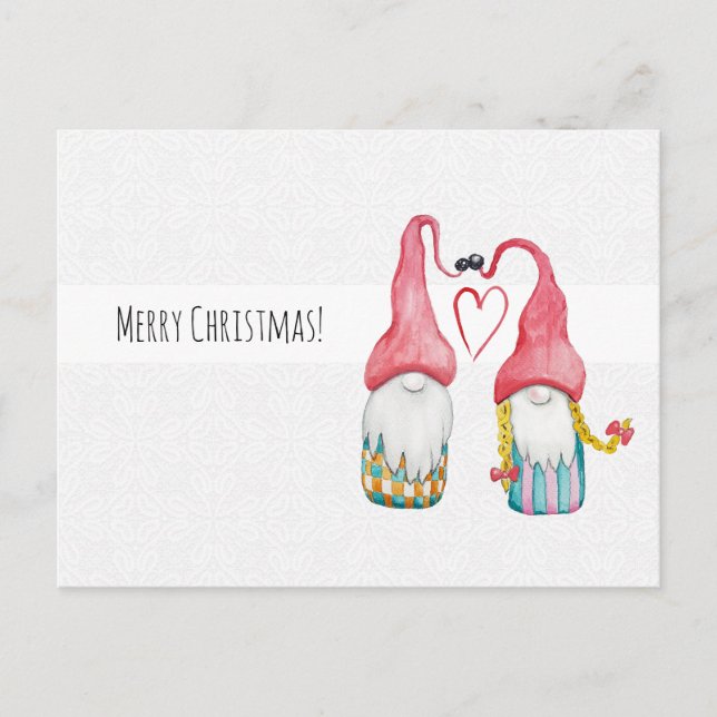 Carte Postale Gnomes de Noël en amour Aquarelle peinte à la main (Devant)