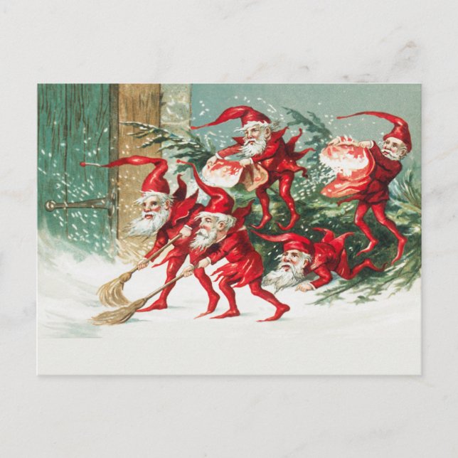 Carte Postale Gnomes sweeping snow with a broom (Devant)