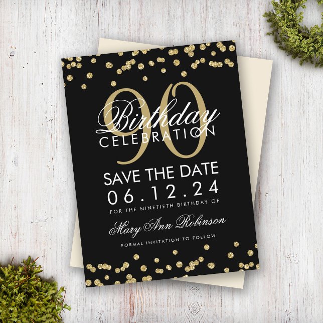 Carte Postale Gold Black 90th Birthday Save Date Confetti Invita (Créateur téléchargé)