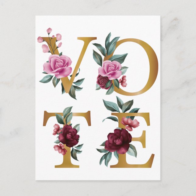 Carte Postale Gold Burgundy Floral Élégante Feminine Go Vote (Devant)