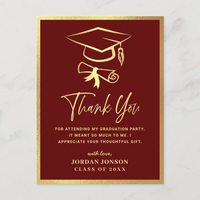 Carte Postale Gold Burgundy Modern Graduation Party Merci (Devant)