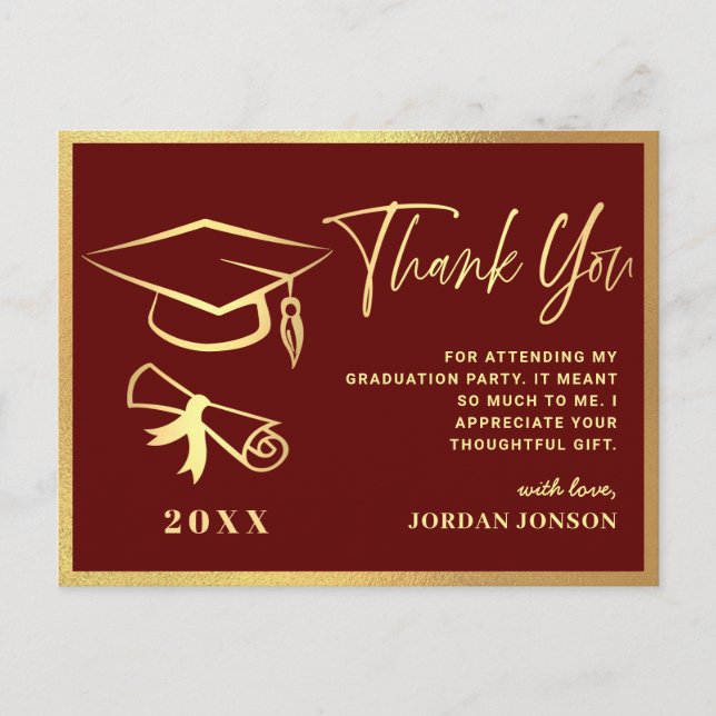 Carte Postale Gold Burgundy Modern Graduation Party Merci (Devant)