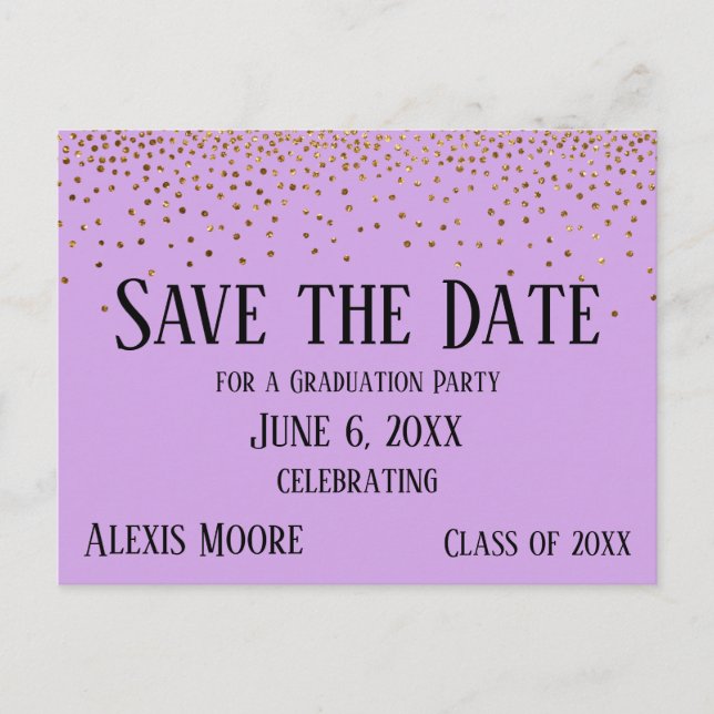 Carte Postale Gold Confetti Lavender Graduation Enregistrer la d (Devant)