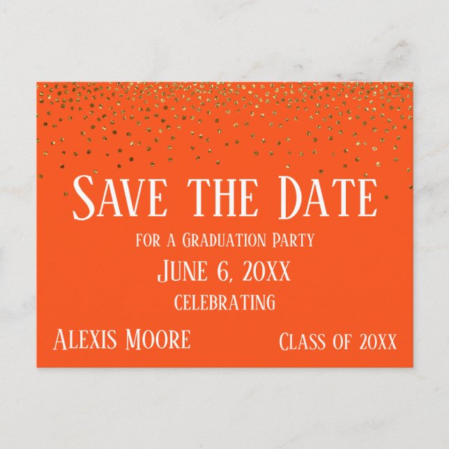 Carte Postale Gold Confetti Orange Graduation Enregistrer la dat (Devant)