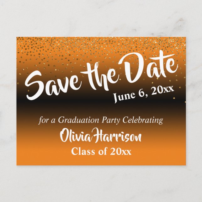 Carte Postale Gold Confetti Orange Graduation Enregistrer la dat (Devant)