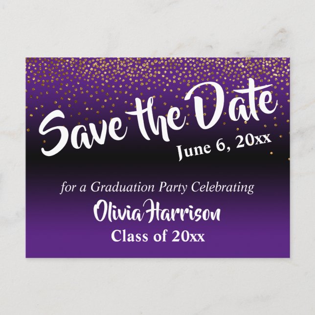 Carte Postale Gold Confetti Purple Graduation Enregistrer la dat (Devant)