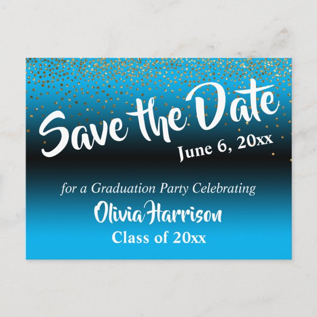 Carte Postale Gold Confetti Sky Blue Graduation Enregistrer la d (Devant)