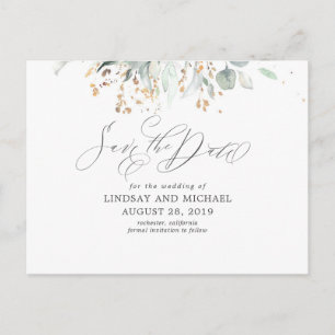 Carte Postale Gold Feuille Green Boho Enregistrer la date