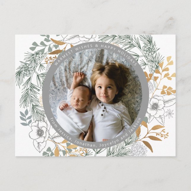 Carte Postale Gold Foil Floral Wreath Custom Photo White Holiday (Devant)