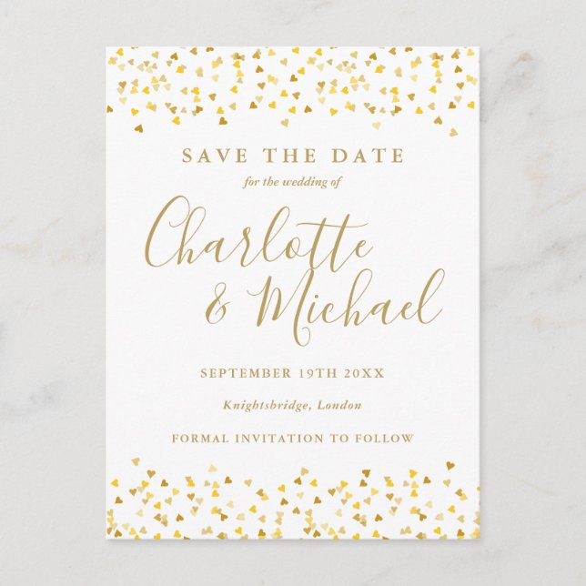 Carte Postale Gold Hearts Confetti Enregistrer la date (Devant)